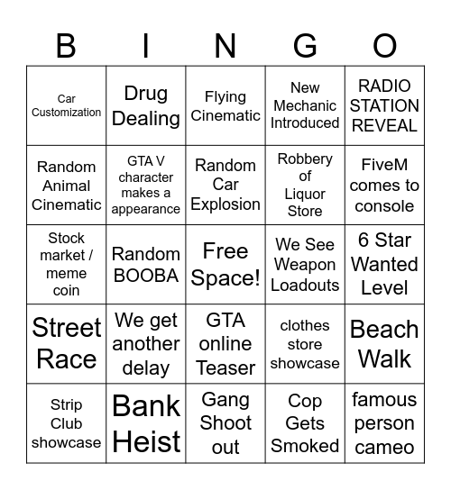 GTA 6 Bingo Card