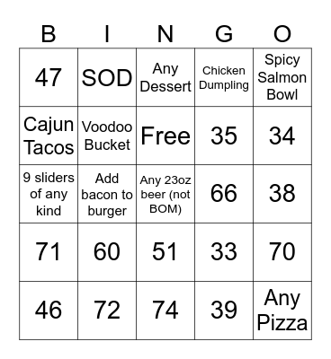 1 square per ticket Bingo Card