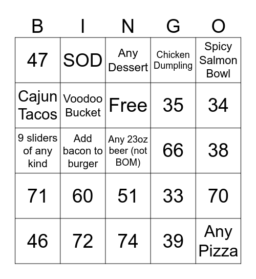 1 square per ticket Bingo Card