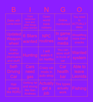GTA VI Bingo Card