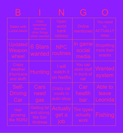 GTA VI Bingo Card