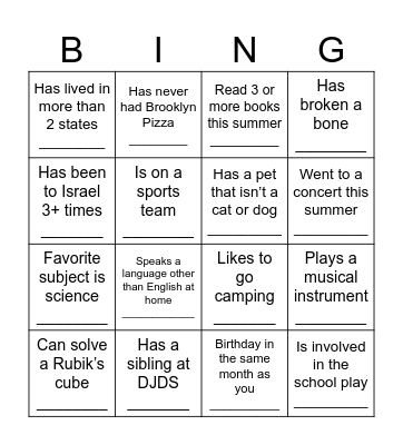Erev Kitah Bingo Card
