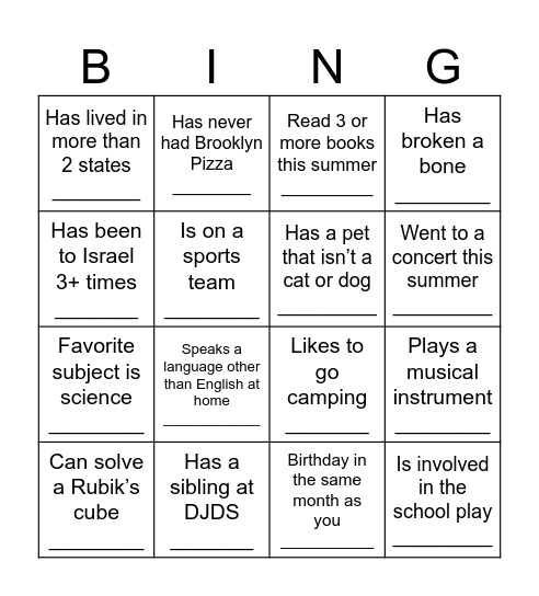Erev Kitah Bingo Card