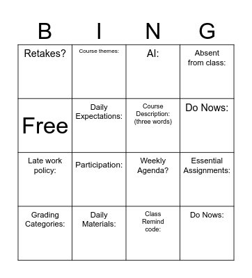 Syllabus Bingo Card