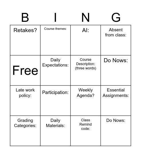 Syllabus Bingo Card