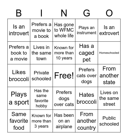 Get to know you BINGO Card