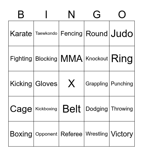Combat Sports Vocabulary Bingo Card