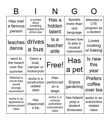 Getting to Know You Bingo Card