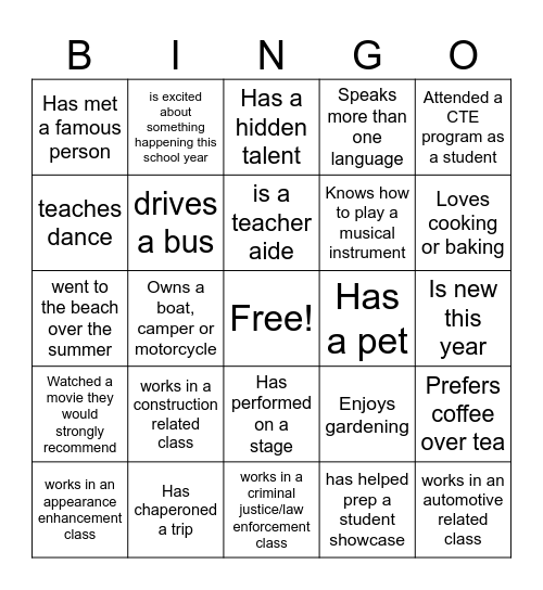 Getting to Know You Bingo Card