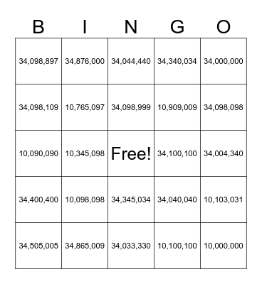 Ten Millions Bingo Card