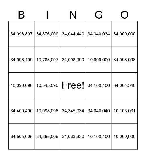 Ten Millions Bingo Card