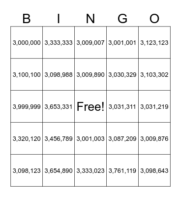 Millions Bingo Card