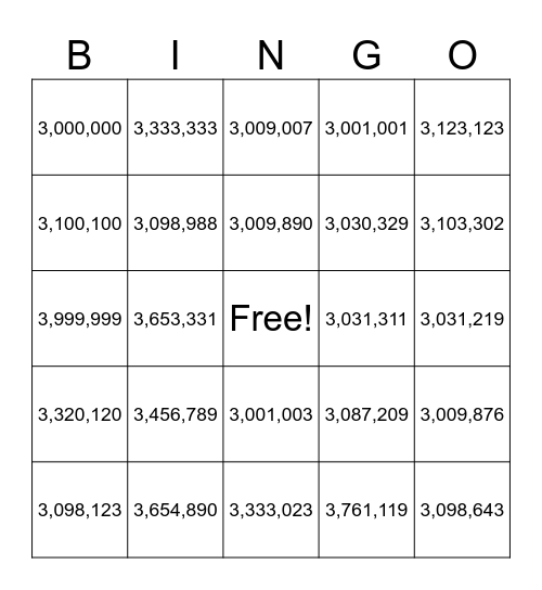 Millions Bingo Card