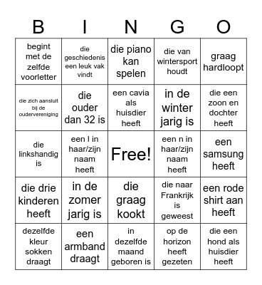 Zoek iemand die....kennismaking ouderavond Bingo Card