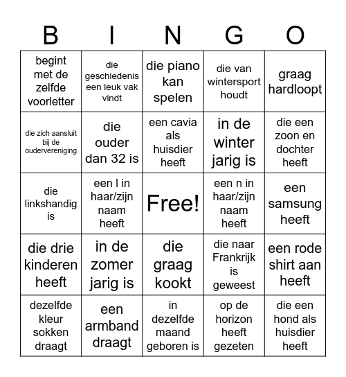 Zoek iemand die....kennismaking ouderavond Bingo Card