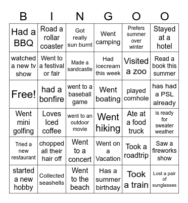 End of Summer Bingo Card