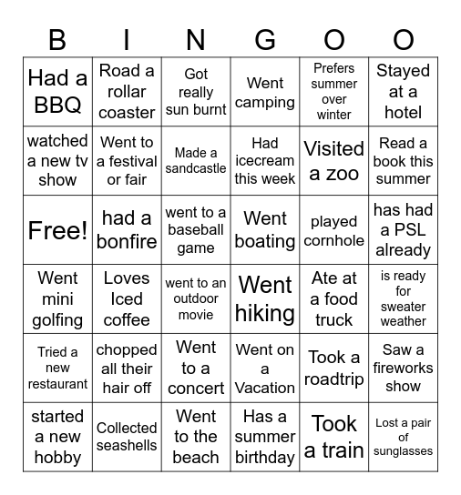 End of Summer Bingo Card