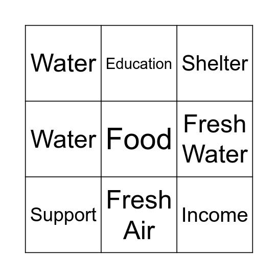 Basic Needs Bingo Card