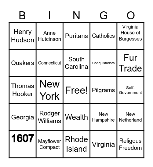 Colonization of America Bingo Card