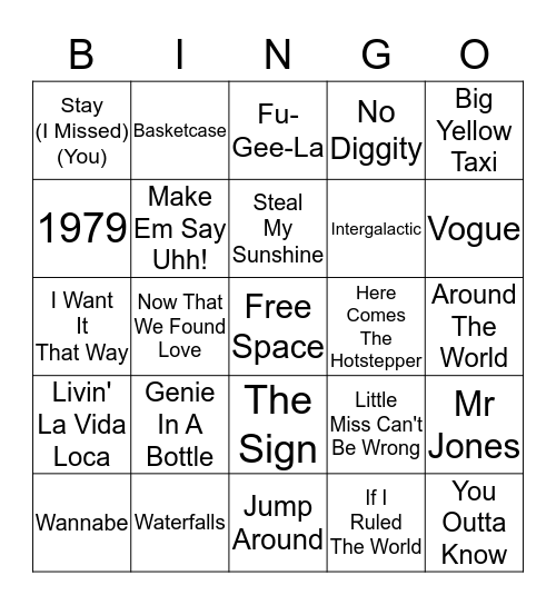 90's Songs - Card 2 Bingo Card