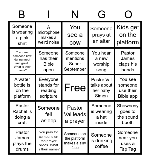 Family Service Bingo Card