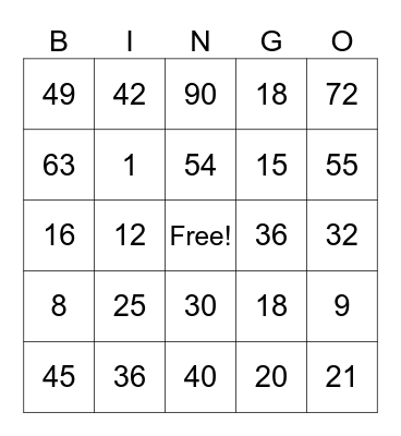 Multiplication Showdown Bingo Card