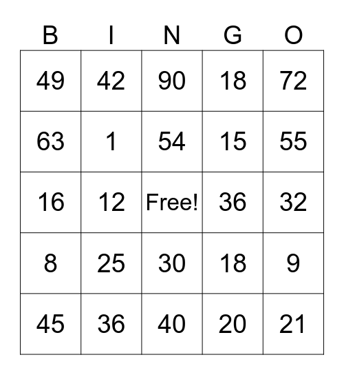 Multiplication Showdown Bingo Card