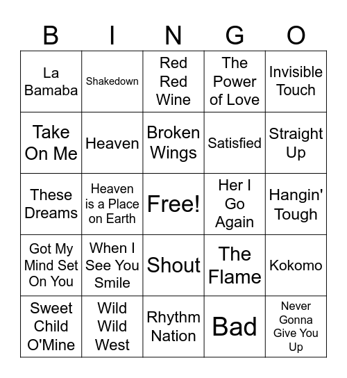 80's Hits - A4 (2) Bingo Card