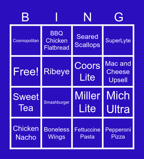 Dinner Edition Bingo Card