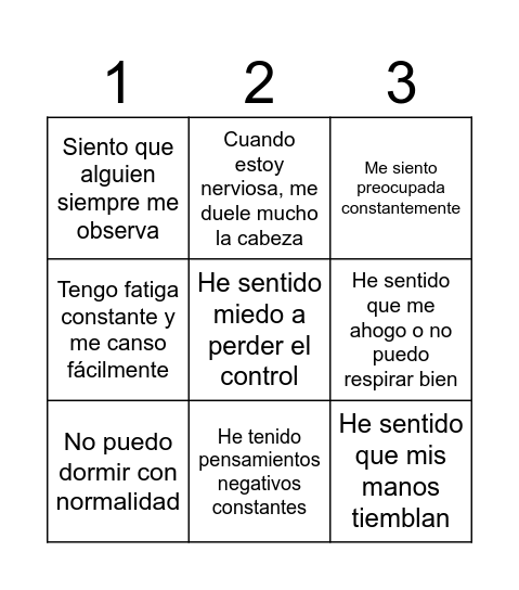 BINGO DE LA ANSIEDAD Bingo Card