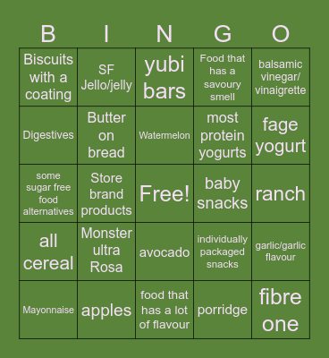 Lia’s fear food bingo Card