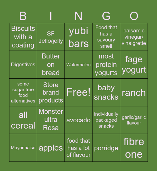 Lia’s fear food bingo Card