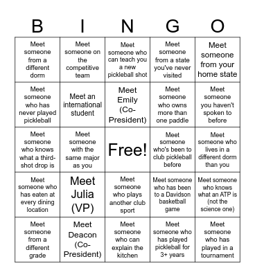 Club Pickleball Bingo Card