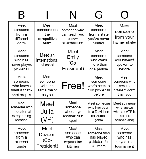 Club Pickleball Bingo Card