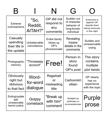 Signs AITAH Post is Fake Bingo Card