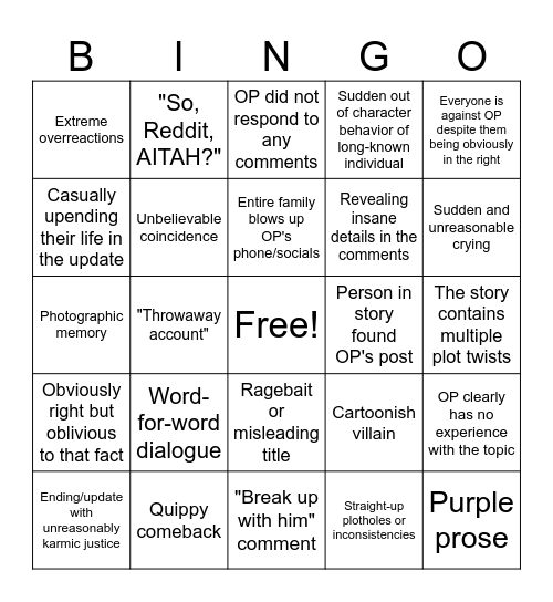 Signs AITAH Post is Fake Bingo Card