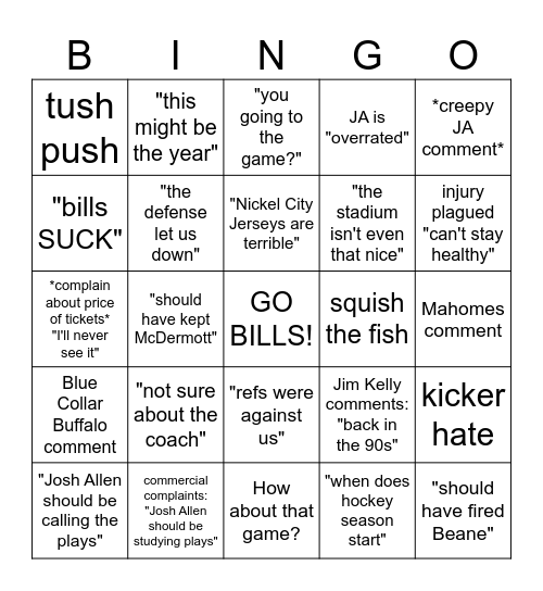 BUFFALO BILLS BINGO Card