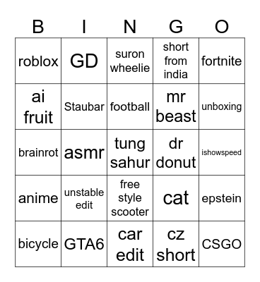 YT shorts bingo Card