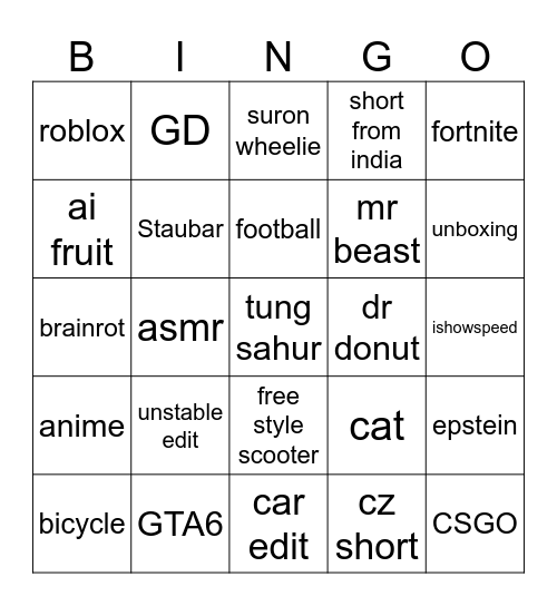 YT shorts bingo Card