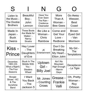 McRae's SINGO BINGO by JK Entertainment Bingo Card