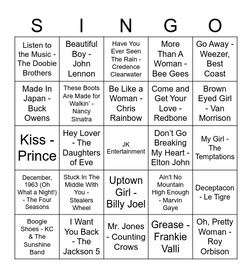 McRae's SINGO BINGO by JK Entertainment Bingo Card