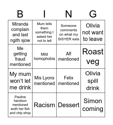 Family dinner bingo Card