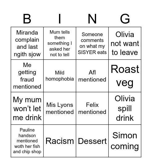 Family dinner bingo Card