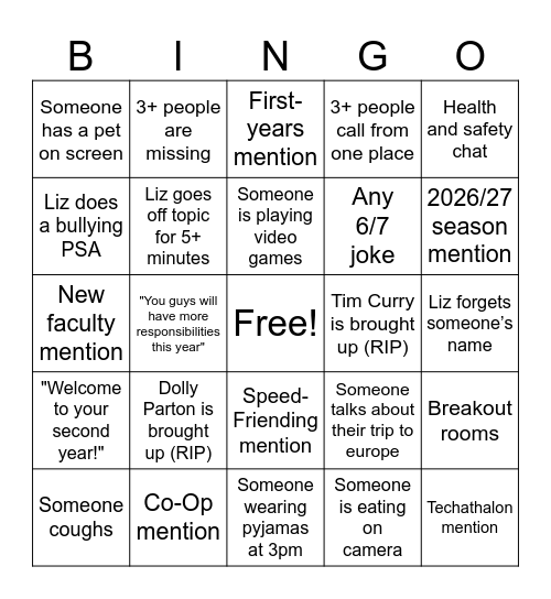 2nd Year Orientation! Bingo Card