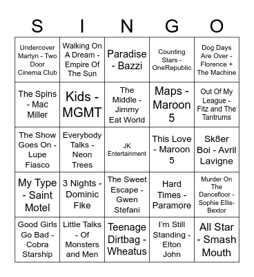 McRae's SINGO BINGO by JK Entertainment Bingo Card