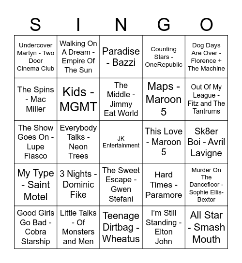 McRae's SINGO BINGO by JK Entertainment Bingo Card