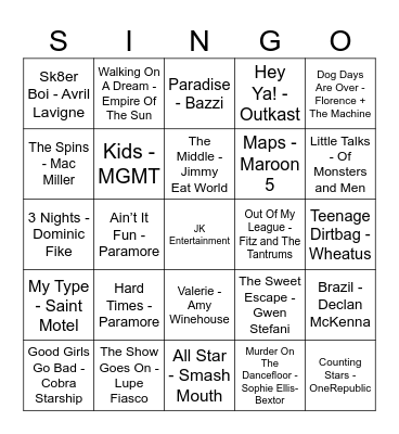 McRae's SINGO BINGO by JK Entertainment Bingo Card