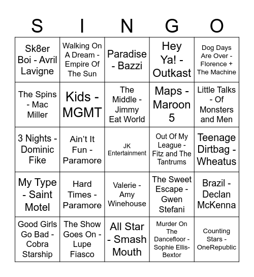 McRae's SINGO BINGO by JK Entertainment Bingo Card