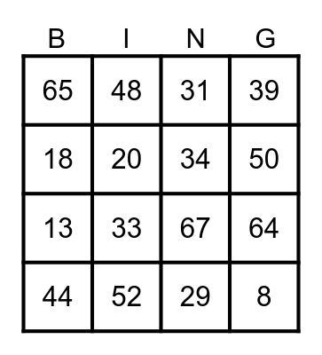 Number Bingo 1-75 Bingo Card