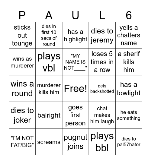 paul 67 bingo Card
